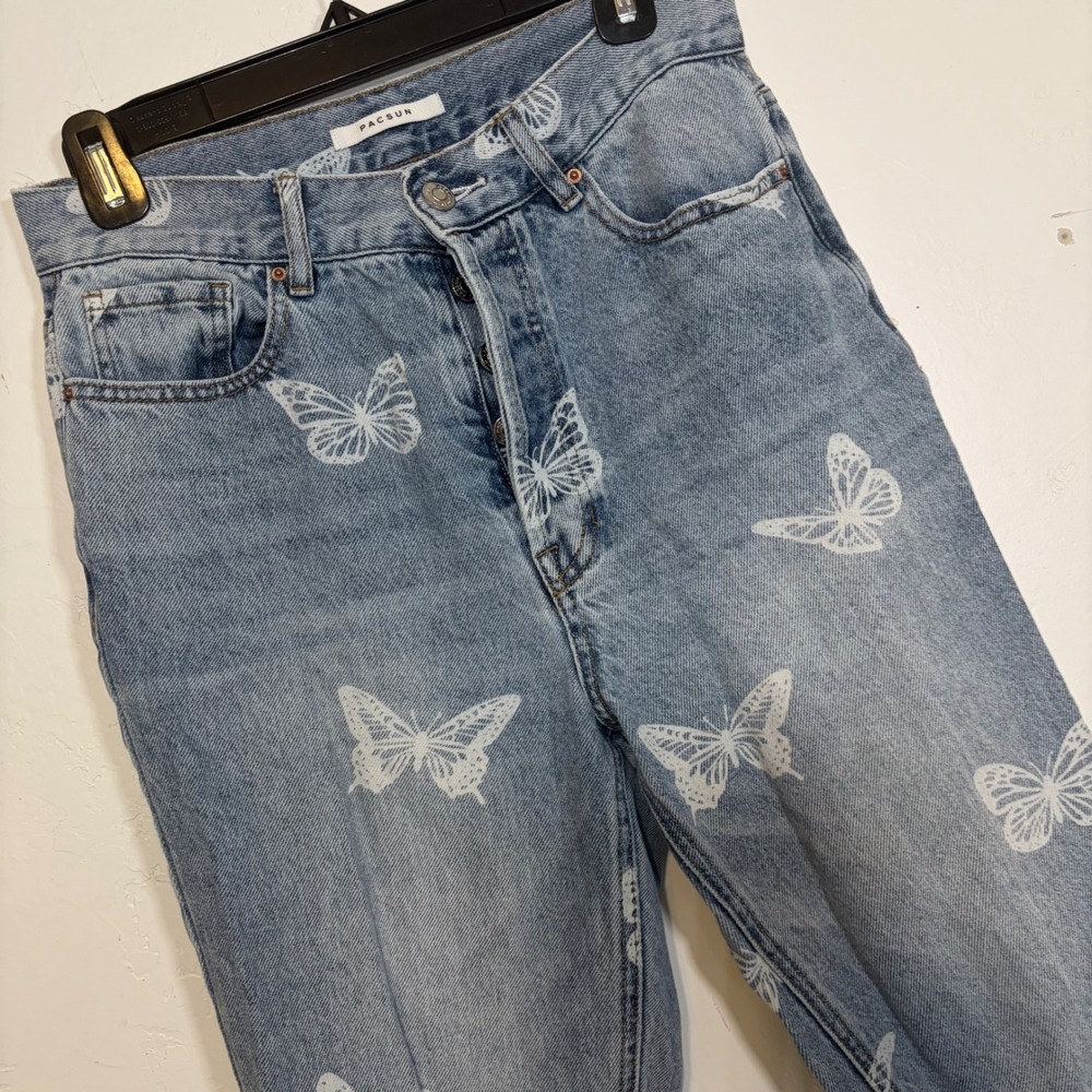 PacSun Ultra High Rise Slim White Butterfly Print Jeans Light Wash Blue Denim 28